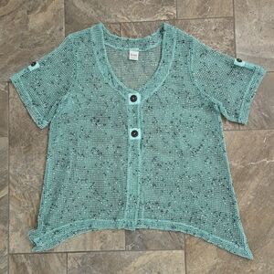 Blair Teal Button-Down Knit‎ Top Women XL Sheer BoHo Summer Mesh Green Beach